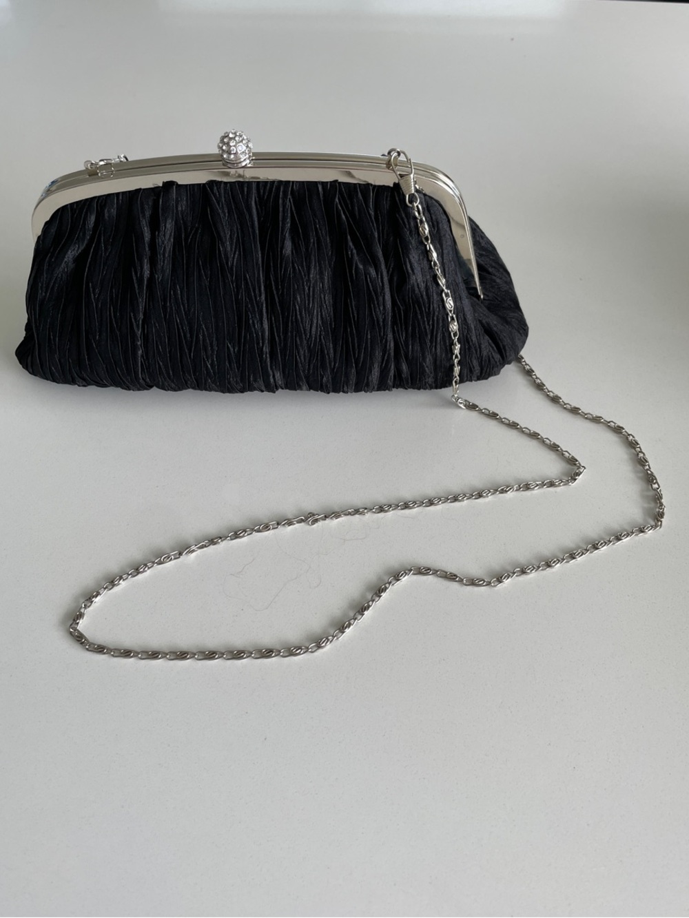 Neiman Marcus Black Ruched Clutch with Silver Chain
